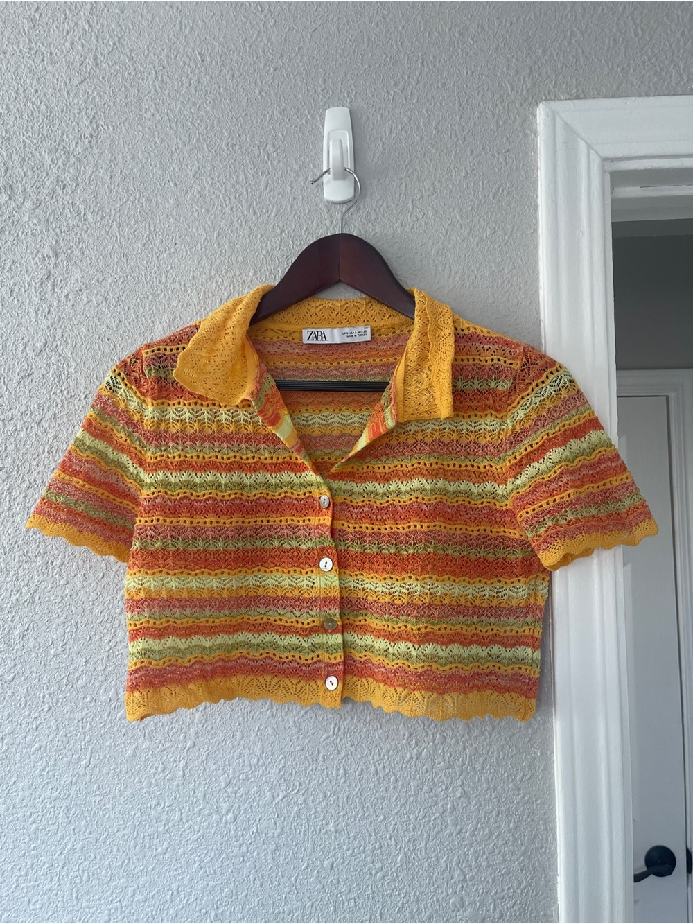 Zara Multicolor Crochet Knit Polo Top Small • Striped Open Knit • Y2K
